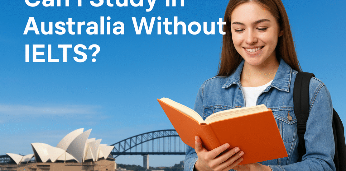 Student exploring study in Australia without IELTS in front of Australia map with national flag illustration