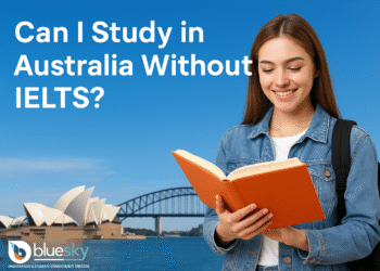 Student exploring study in Australia without IELTS in front of Australia map with national flag illustration